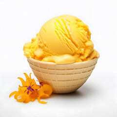A scoop of creamy saffron ice cream presented in a white bowl, adorned with delicate crocus flowers, symbolizing a fusion of flavor and elegance