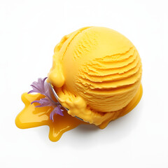 A scoop of creamy saffron ice cream presented in a white bowl, adorned with delicate crocus flowers, symbolizing a fusion of flavor and elegance