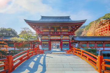 Saga, Japan - Nov 28 2022: Yutoku Inari shrine in Kashima City, Saga Prefecture. It's one of Japan's top three shrines dedicated to Inari alongside Fushimi Inari in Kyoto and Toyokawa Inari in Aichi - obrazy, fototapety, plakaty