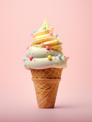 Birthday cake-shaped ice cream in a waffle cone set against a pink background. A delightful treat that merges a traditional birthday symbol with a favorite dessert