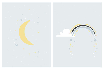 Kids nursery room wall posters Rainbow ,Cloud and stars in blue colours. Nursery Wall Art for Baby. Vector Illustration Set Ideal for Cards, Invitations, Posters. Moon with stars and rainbow with hear