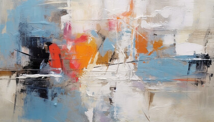 abstract oil painting with light pastel colors, oil on canvas  white, marine blue and amber orange, wallpaper, background, use of palette knives, realistic hyper-detail, expressive brush strokes