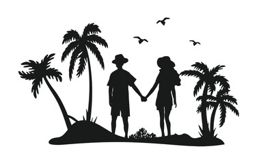 couple in love holding hands on the beach vector silhouette