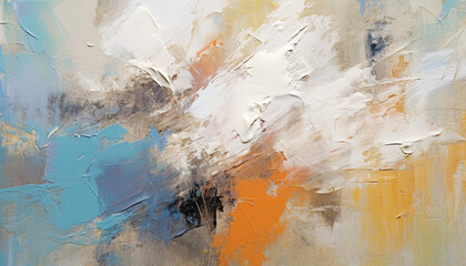 abstract oil painting with light pastel colors, oil on canvas  white, marine blue and amber orange,...