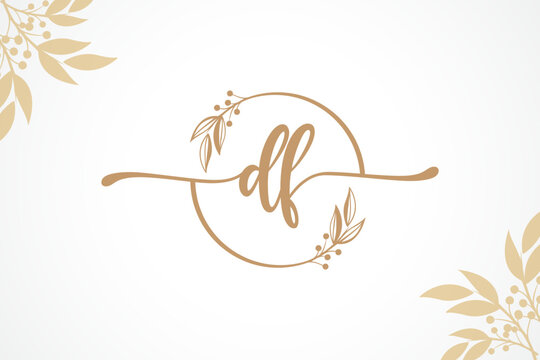 luxury gold signature initial df logo design isolated leaf and flower