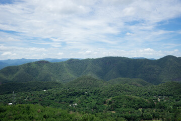 Fototapeta na wymiar Mountain sky and river landscape view in kanchanaburi, thailand