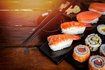 Sushi Set and sushi rolls, maki and nigiri sushi