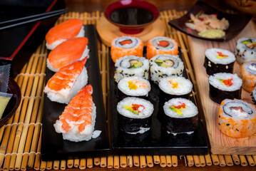 Sushi Set and sushi rolls, maki and nigiri sushi