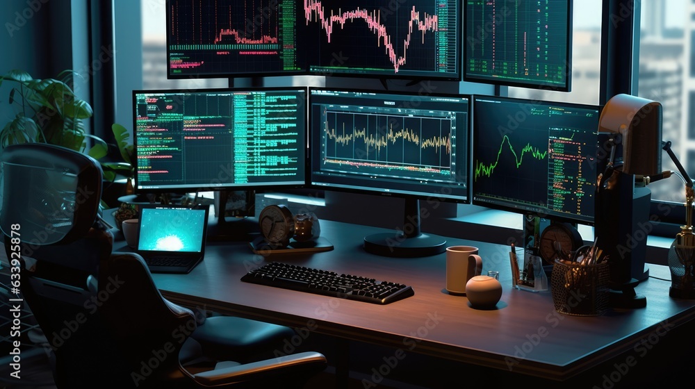 Wall mural the side view from a computer desk with multiple screens displaying stock market trading and candle 