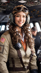 Fototapeta na wymiar Beautiful woman with pilot suit on a cockpit