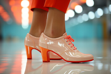 Zoom close up woman in flat shoes walking side view light and bright background indoor hyper realistic images. AI generative