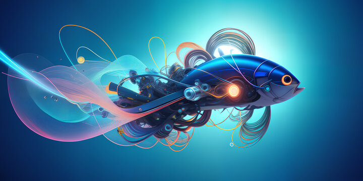 Blue robotic fish cyber animal mechanical isolated on a blue beckground