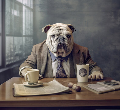 Funny abstract portrait of a cute little dog doing business like a man and studying with a cup of coffee. A dog in the role of a man. Illustration
