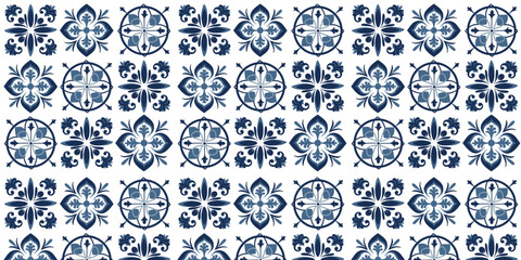 seamless pattern with blue white azulejo Portuguese ceramic traditional tiles. Ethnic portugal geomentric indigo repeated wall floor ornament. Arabic ornamental background.