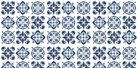 Stof per meter seamless pattern with blue white azulejo Portuguese ceramic traditional tiles. Ethnic portugal geomentric indigo repeated wall floor ornament. Arabic ornamental background. © Tetiana Kasatkina