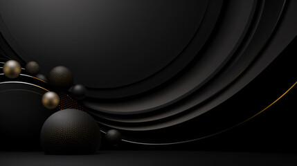 Abstract background with black 3d spheres. Plastic black bubbles, banner design with dark background. Generative AI.