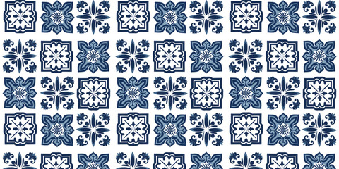 Pattern with azulejo mosaic tiles, blue and white colors, mediterranean, portuguese, spanish and and turkish traditional vintage style. Vector illustration - obrazy, fototapety, plakaty