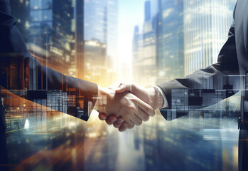 double exposure photo of two business man hand shaking office background realistic image