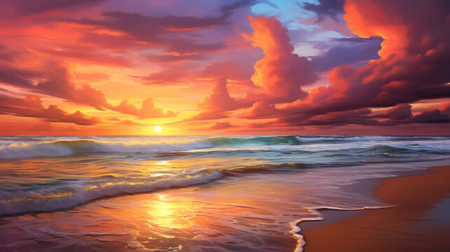 A breathtaking realistic sunset over the ocean, with hues of pink, orange, and gold painting the sky. Waves crash against the shore, creating a symphony of sound that echoes through the air.