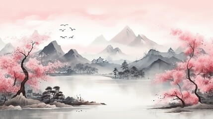 Chinese painting style landscape. Asian traditional culture illustration drawing ratio 16:9 photo