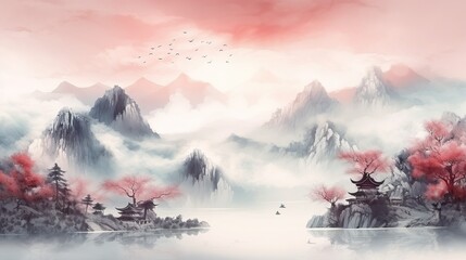 Chinese painting style landscape. Asian traditional culture illustration drawing ratio 16:9 photo