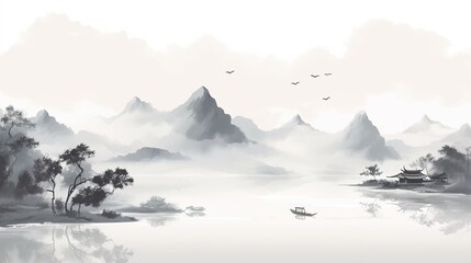 Chinese painting style landscape. Asian traditional culture illustration drawing ratio 16:9 photo