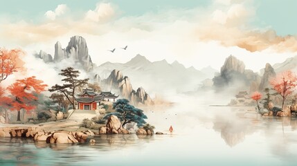 Chinese painting style landscape. Asian traditional culture illustration drawing ratio 16:9 photo
