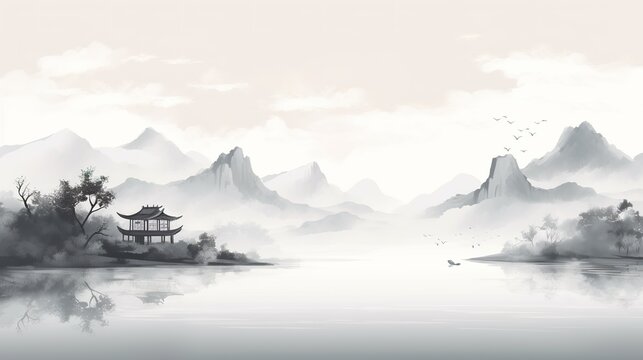 Chinese painting style landscape. Asian traditional culture illustration drawing ratio 16:9 photo