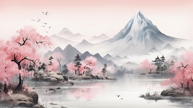 Chinese Painting Style Landscape. Asian Traditional Culture Illustration Drawing Ratio 16:9 Photo