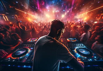 DJ playing and mixing music in nightclub party at night . EDM dance music club with crowd of young people celebrating the energetic youth lifestyle .. Peculiar AI generative image realistic image