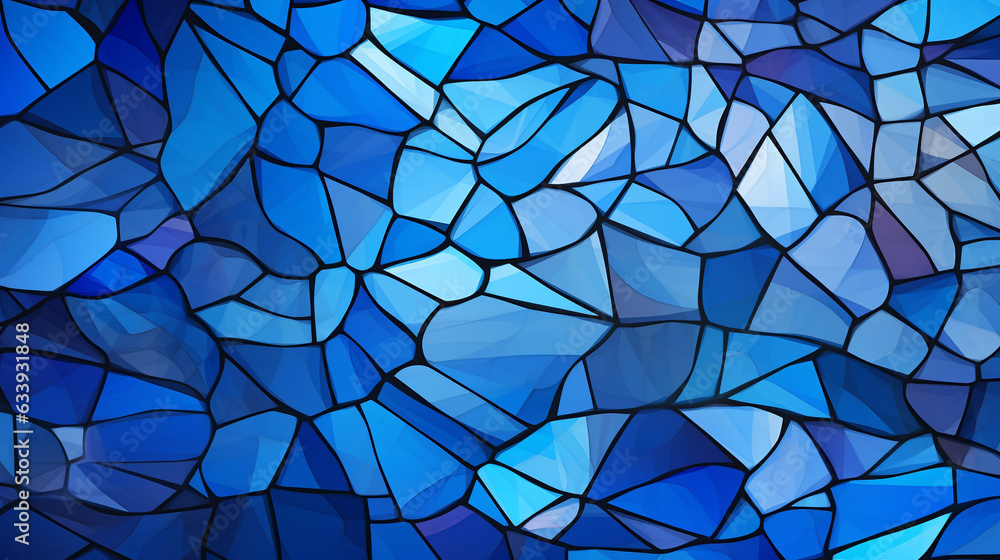 Poster dark blue stain glass with a random abstract pattern with white light from the background. the light