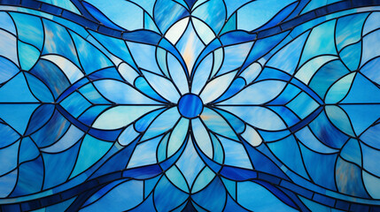Dark blue stain glass with a random abstract pattern with white light from the background. The light source from one direction gives a gradient to the color of the stained glass.
