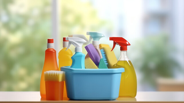 Cleaning products on blur sunny kichen background 