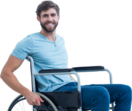 Digital png photo of caucasian man in wheelchair on transparent background - Powered by Adobe