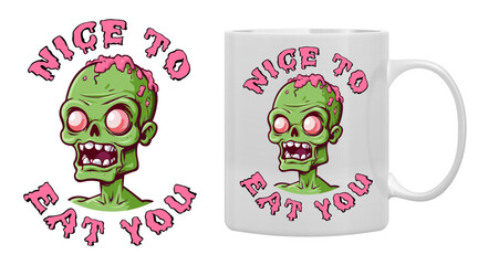 Nice to eat you Halloween party cartoon style zombie face with funny lettering vector mug mockup. Horror font. T-shirt, mug, bag design, typography. For print, logo, poster, banner, stuff.