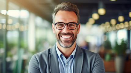 Obraz premium a contented businessman wearing a genuine smile in a positive work environment. His smile reflects a sense of satisfaction, happiness, and fulfillment in his professional surroundings.