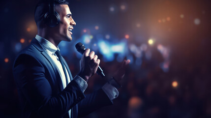  Motivational speaker with headset performing on stage