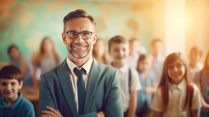 A teacher in glasses stands near the blur children at classroom