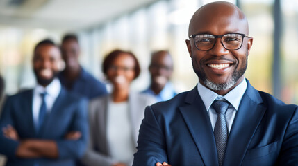 a collaborative businessman wearing a genuine smile as he works with a team. His smile reflects a sense of camaraderie, cooperation, and shared goals.