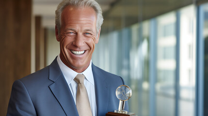 an elated businessman wearing a radiant smile upon receiving an invitation to join a prestigious board of directors. His smile reflects a mix of honor, recognition, and excitement for the opportunity - obrazy, fototapety, plakaty