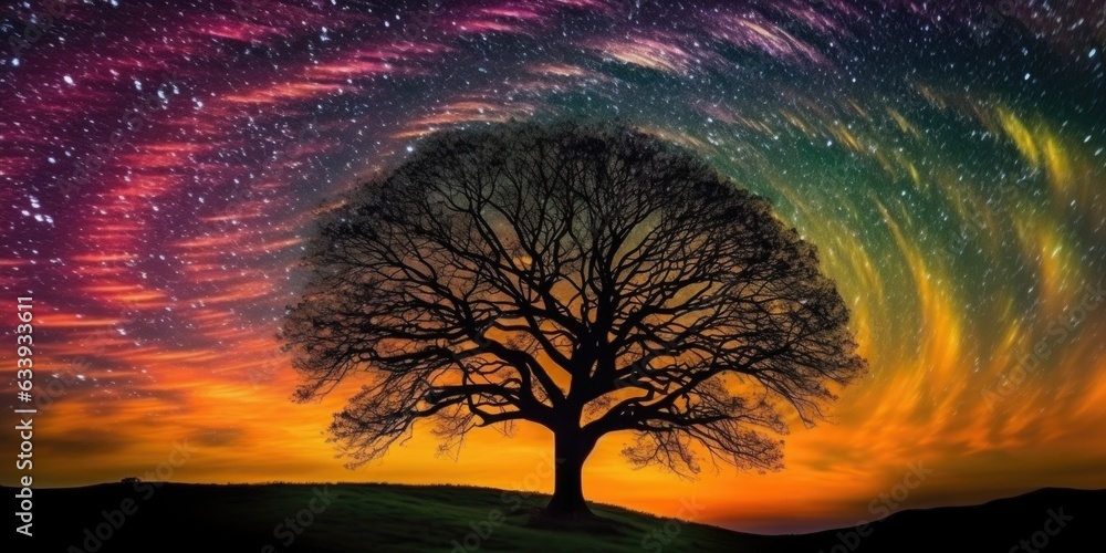 Poster tree silhouette on a hill with colorful swirling galaxy in the sky. generative ai aig27.