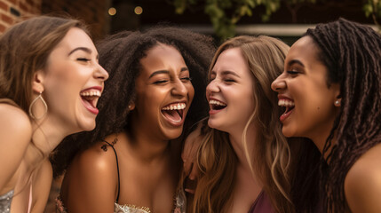 Obraz premium A group of friends, their faces glowing with laughter and happiness, creating unforgettable memories together.