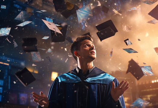 Double exposure photo of Young man throwing graduation cap technology background realistic image, ultra hd, high design very detailed