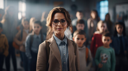A teacher in glasses stands near the blur children at classroom