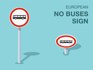 Traffic regulation rules. Isolated european no buses sign. Front and top view. Flat vector illustration template.