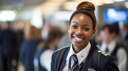 In a bustling airport, a smiling gate agent's helpful demeanor assists travelers with their boarding process.