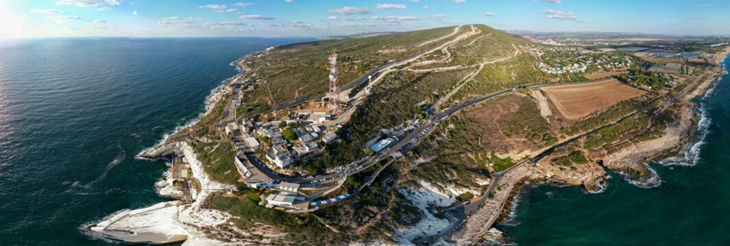High resolution drone panoramic image of Rosh HaNikra- the northernmost point separating the border between Israel; and Lebanon