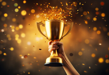 Hand holding gold trophy cup with confetti. celebrating with trophy award for success realistic image, ultra hd, high design very detailed