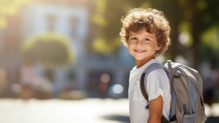 Obraz premium Happy and smiling little boy carrying a backpack going back to school 