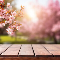 cherry blossom on wooden background, Desolate Wooden Table amidst Sakura Blossoms Country Charm Mock-up for Product Display